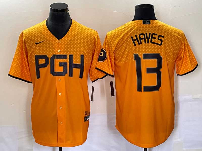 Mens Pittsburgh Pirates #13 KeBryan Hayes Gold 2023 City Connect Stitched Jersey 1